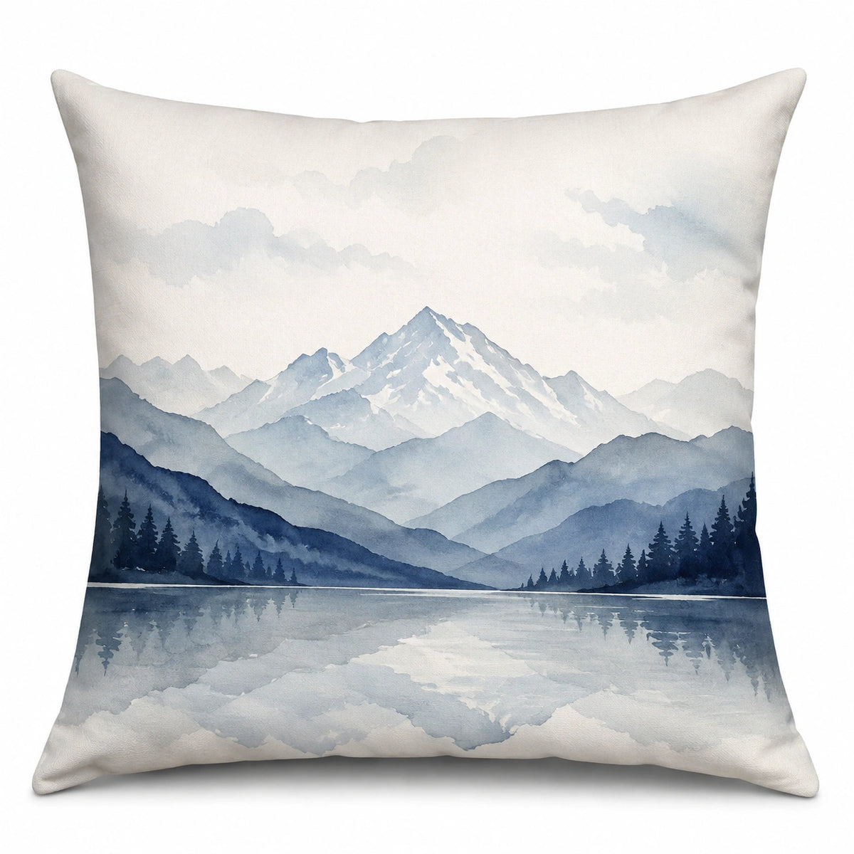 Dekokissen 45 x 45 cm aus Textil in Weiß Blau Grau mit Berglandschaft im Aquarellstil