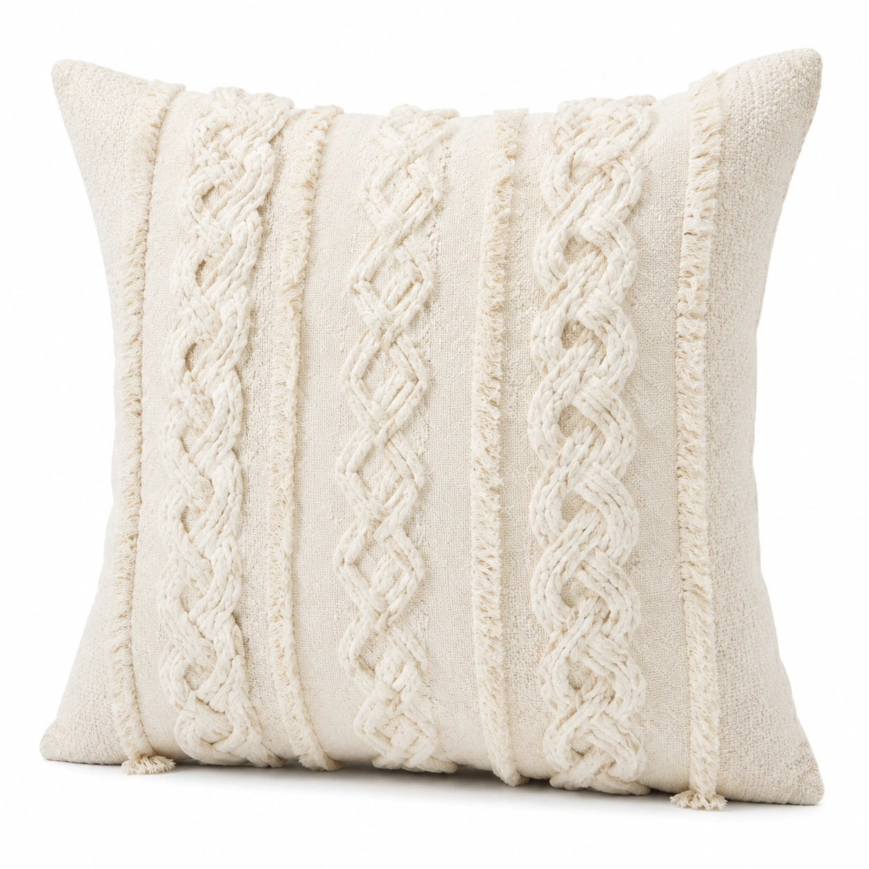 Dekokissen 45 x 45 cm aus Textil in Creme mit Zopfmuster im Boho-Stil