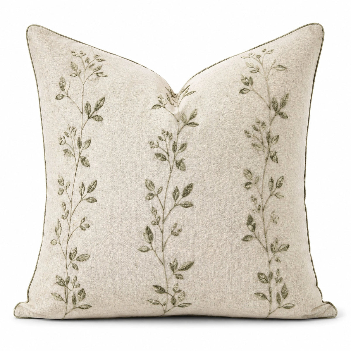 Zierkissen 45 x 45 cm Textil Beige Grün mit Pflanzenstickerei für Wohnraum