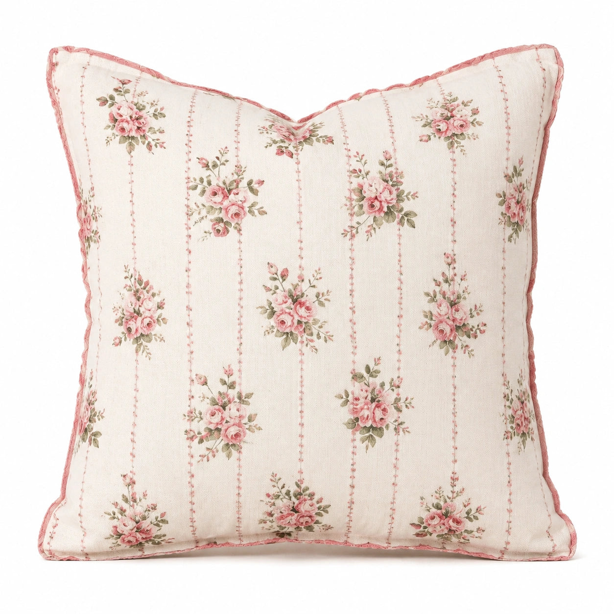 Dekokissen 45 x 45 cm Creme Rosa Blumenmuster Stoff Landhausstil