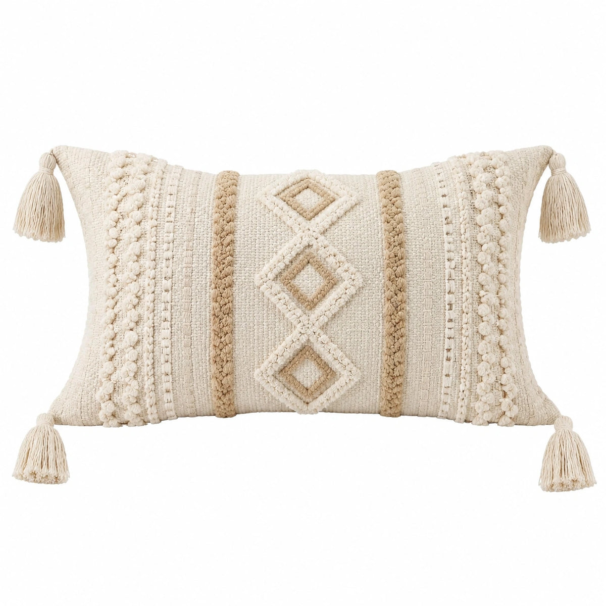 Dekokissen 30 x 50 cm aus Baumwollmischgewebe in Creme Beige mit Quasten im Boho-Stil