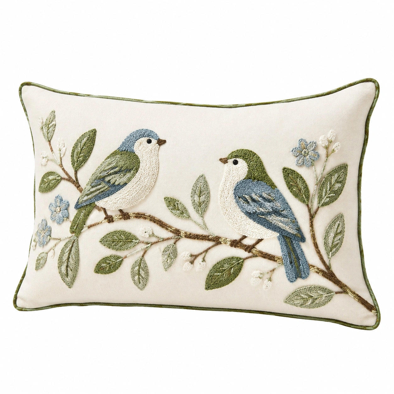 Rechteckiges Zierkissen 45 x 30 cm aus Textil in Creme Grün Blau mit Vogelstickerei - dekorativ
