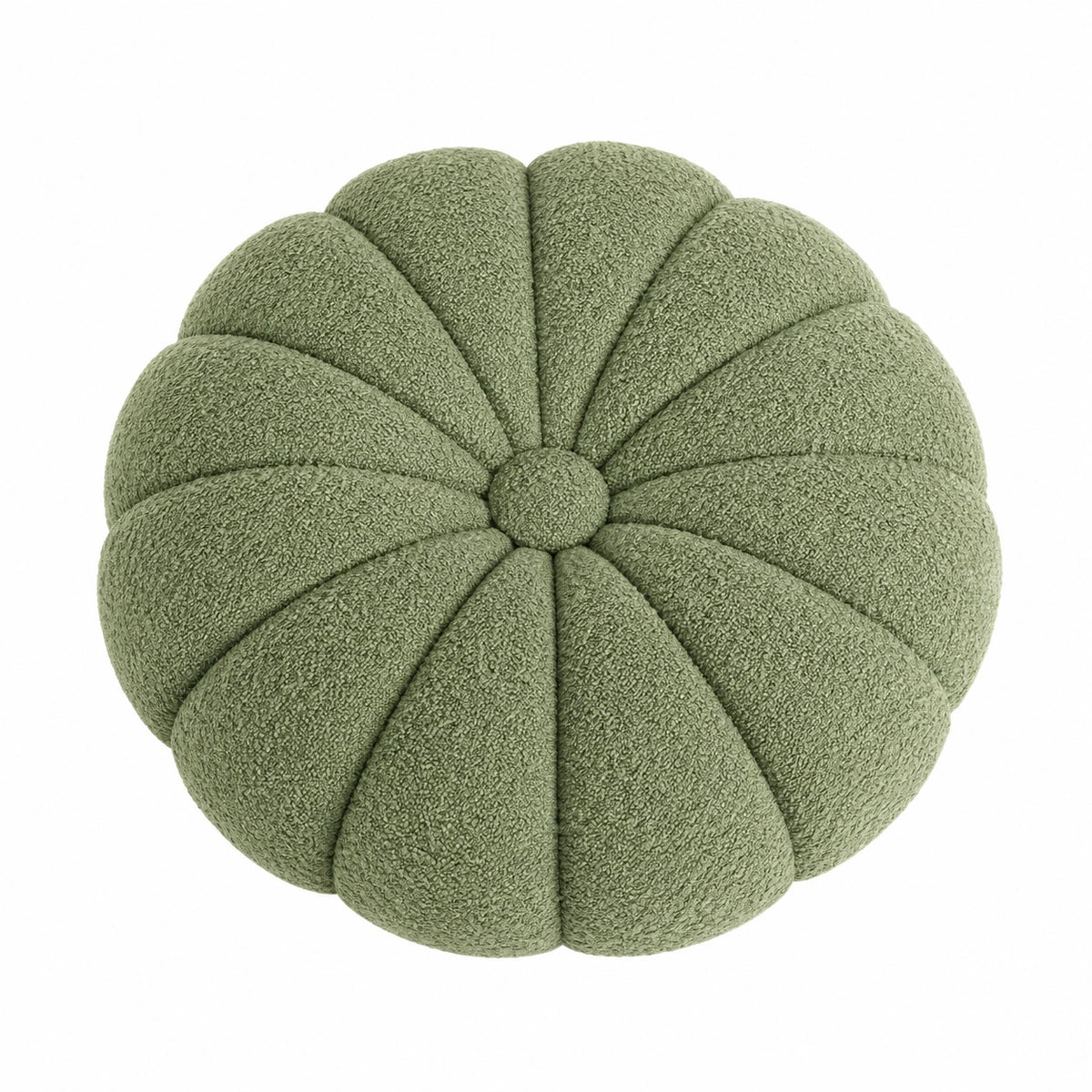 Rundes Zierkissen 45 cm in Salbeigrün mit Bouclébezug und Blütenform